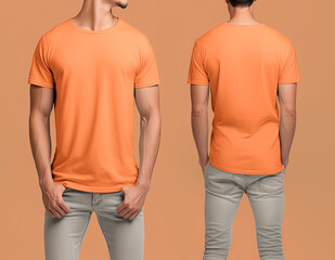 Photo realistic male orange t-shirts with copy space, front, and back view