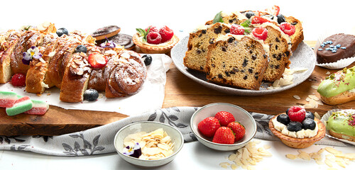 Healthy summer desserts. Different desserts on white background.  Top view