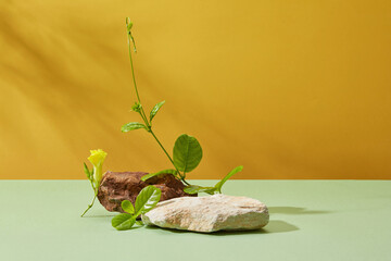 Against a yellow background with natural shadow leaf, two blocks of stone decorated with yellow flower and green leaves. Blank space for design, advertising and branding cosmetic product