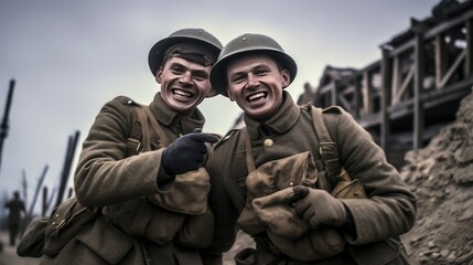 Two soldiers from the vintage military World War II. Smiling men selfie in the foxhole.  - obrazy, fototapety, plakaty