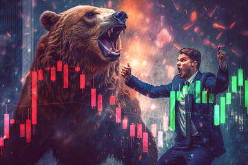 bearish or market down concepts with businessman fighting with big bear. economy and  investment.generative ai technology