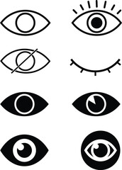 Outline eye icons. Open and closed eyes images, sleeping eye shapes with eyelash, vector supervision and searching signs, Sheet of 8 Human Eye Icons, Show/Hide Password Icon Set, Flat Design, Vector