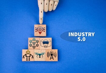wooden square with INDUSTRY 5.0 icon with the latest concept of INDUSTRY 5.0 Technology Concept