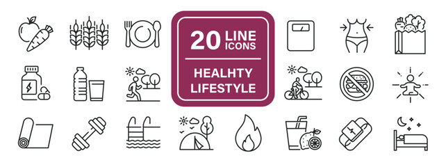 Healhty lifestyle line icons. Editable stroke. For website marketing design, logo, app, template, ui, etc. Vector illustration. - obrazy, fototapety, plakaty