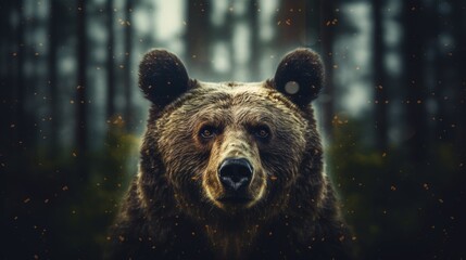 Portrait of a majestic face of a bear on the background of a forest. Generative AI