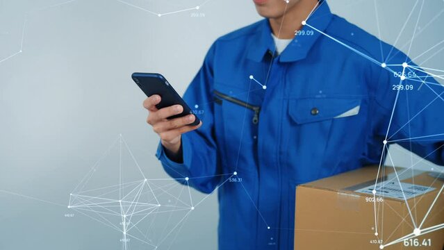 Delivery worker using smart phone and digital data concept.