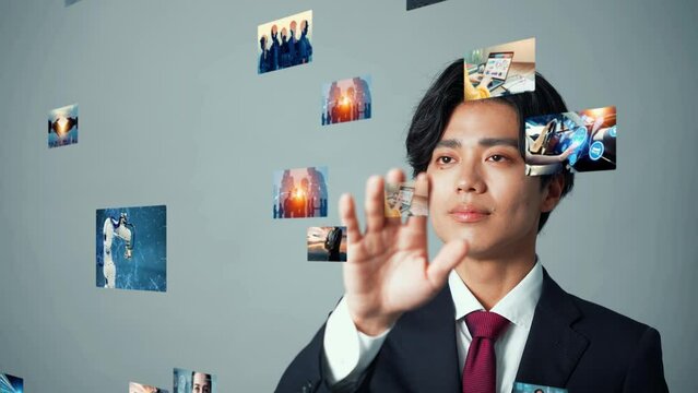 A man who sees and operates a hologram image.
