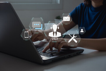 Technical Support Center Customer Service Internet Business Technology Concept. online technical support, and customer service 24/7 nonstop. Business people using laptop with helpdesk icon on screen.
