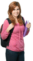 Redheaded woman carrying a textbook