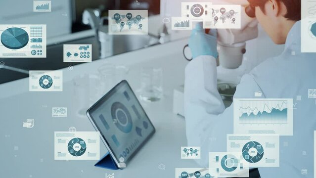 Researcher experimenting in laboratory and digital data concept.