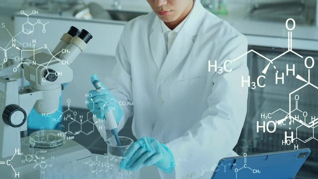 A researcher conducting experiments in the laboratory and molecular structure concept. - Powered by Adobe