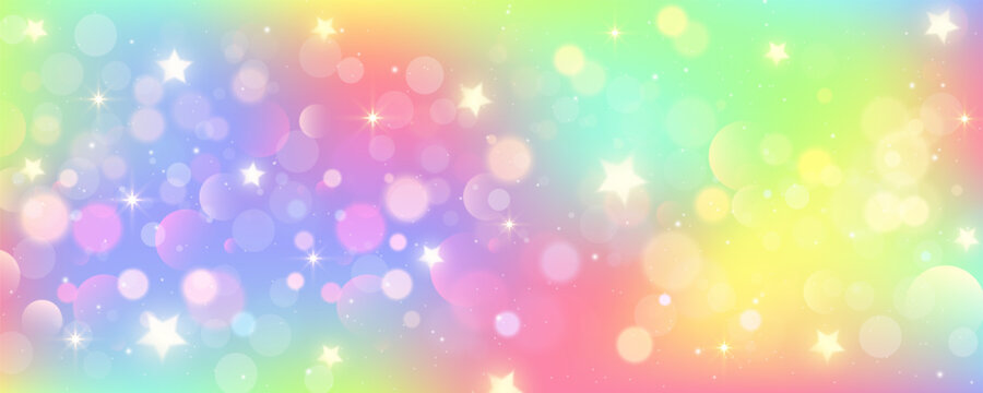 Rainbow unicorn background. Pastel pink color sky with stars. Holographic fantasy print with bokeh. Vector wallpaper for princess girl design.