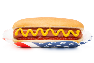 Hot Dog. Hot Dog with American US or USA Flag. Classic Hot Dog bun with pork or beef sausage, wiener or frankfurter and mustard, ketchup. Patriotic fast food on July 4 Independence Day United States