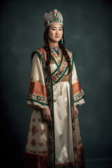 Fototapeta na wymiar Generative ai portrait of beautiful asian kazakh mongolian chinese woman in national costume