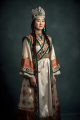 Fototapeta premium Generative ai portrait of beautiful asian kazakh mongolian chinese woman in national costume