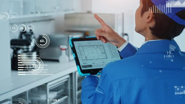 Worker inspecting with tablet and statistics data concept.