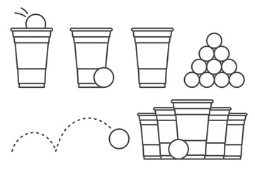 Outline beer pong illustration. Plastic cup and ball with splashing beer. Traditional party drinking game. Vector