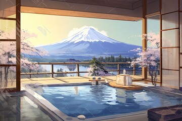 Japanese Onsen with Mount Fuji View - AI Generated