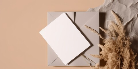 Blank greeting card, mockup paper. Boho Minimal Style. Wedding invitation, Brithday stationery. Flat lay Top view Copyspace, Generative AI.