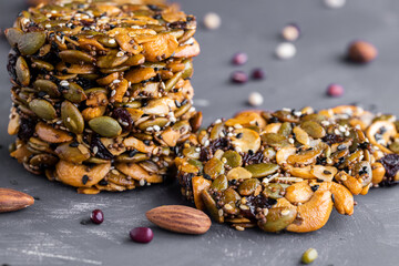 Healthy sweet dessert snack. Cereal granola bar with nuts