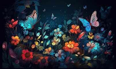 Obraz na płótnie Canvas The flowers and butterflies against a blue background was a cheerful sight. Creating using generative AI tools