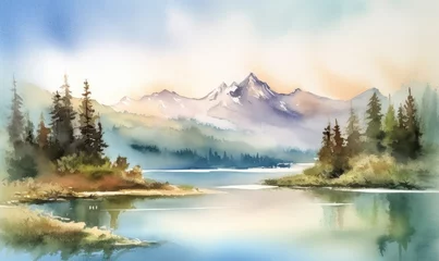 Foto auf Acrylglas Wald im Nebel Watercolor painting of alps and lake scenery Creating using generative AI tools