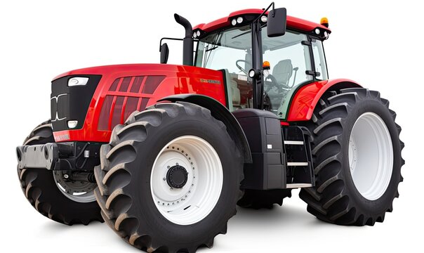 Contemporary red farm tractor isolated on white background. Creating using generative AI tools
