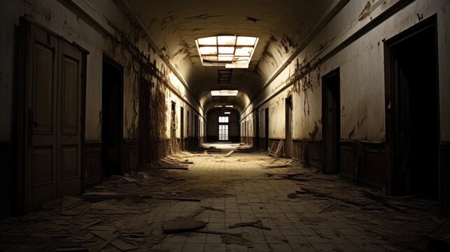 A Long Hallway With A Light Shining On The Ceiling