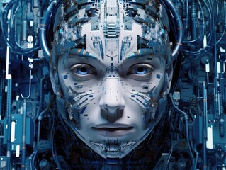 A female artificial intelligence android head, with a circuit board on the background. Generative AI