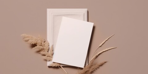 Mockup Paper: Boho Minimal Style Greeting Card for Wedding Invitations and Birthday Stationery. Top View Flat Lay with Ample Copyspace. Generative AI.
