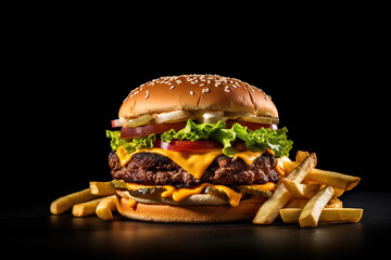 fresh tasty burger and french fries on dark background