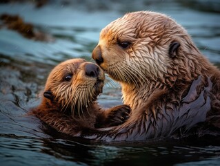 Sea Otter Pup and Mother - AI Generated