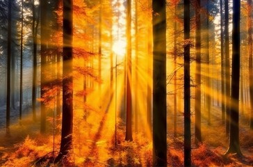 Sunlit autumn forest. Made with Generative AI technology