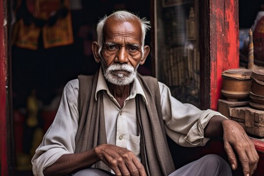 An Old Man With White Hair And Beard Sitting In A Doorway