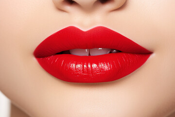 Obraz premium Close up of woman's lips with bright red lipstick
