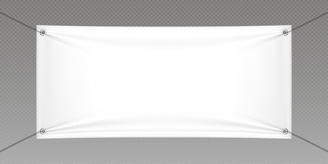 White realistic hang blank fabric horizontal canvas banner sign vector on rope for advertising. 3d empty textile material poster mockup set isolated on transparent background. Hanging cloth signboard