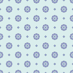 Gender neutral blue, purple and white simple rosette fouldard circles and diamond geometric seamless repeat pattern. Vector design great for fabric, as a co-ordinate and on apparel and home decor.