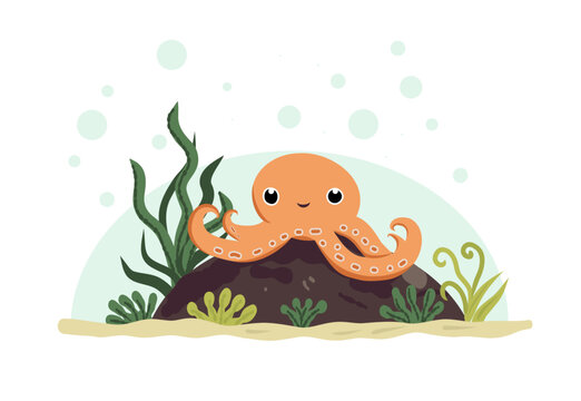 Cartoon octopus in the ocean