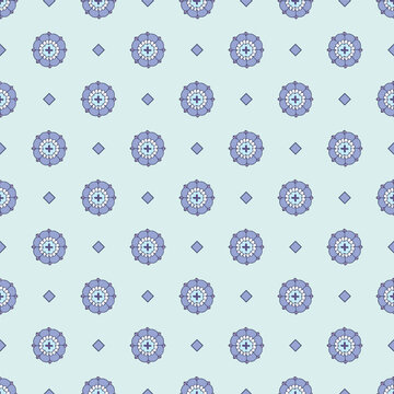 Gender neutral blue, purple and white simple rosette fouldard circles and diamond geometric seamless repeat pattern. Vector design great for fabric, as a co-ordinate and on apparel and home decor.