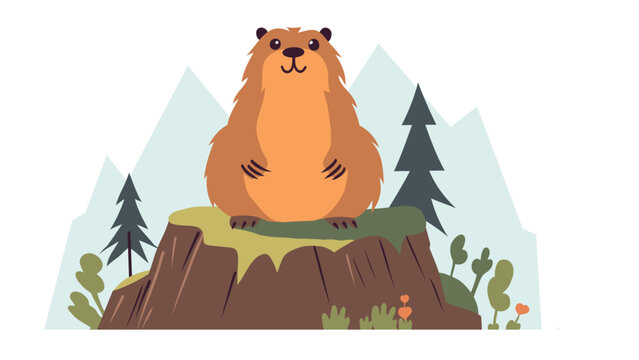 Cartoon groundhog on a tree stump