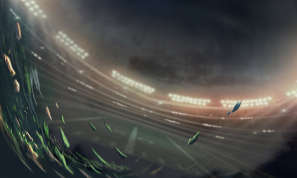 Professional football or soccer player in action on stadium with, kicking ball for winning goal, wide angle. Concept of sport, competition, motion, overcoming. Field presence effect.
