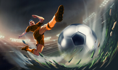 Professional football or soccer player in action on stadium with, kicking ball for winning goal, wide angle. Concept of sport, competition, motion, overcoming. Field presence effect.
