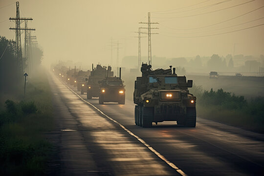 Two Military Vehicles Driving Down The Road In The Foggy Mist, With Trees And Power Lines On Either Sides