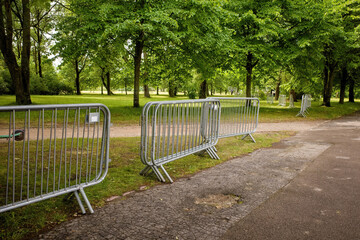 Temporary fencing. Security. Mass event. A large crowd of people. Portable sectional fence. Steel...