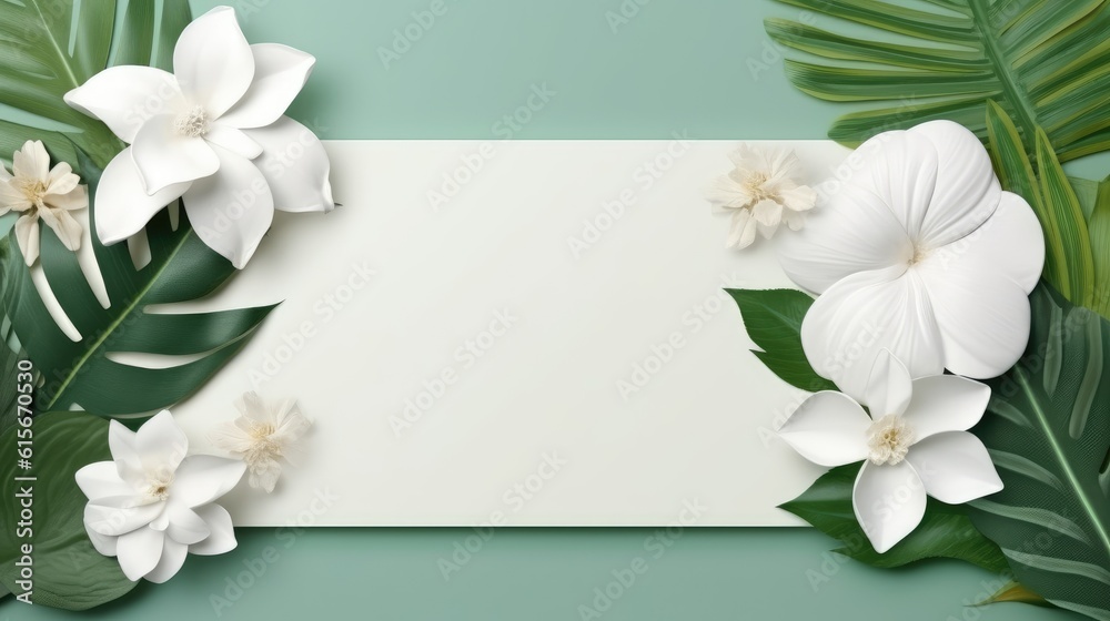 Wall mural Tropical green leaves and beautiful flowers decorative of frame,artwork,banner and card. Generative Ai - Wall murals