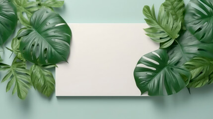 Fototapeta na wymiar Tropical green leaf with monstera leaf decor white frame,banner,card and artwork for minimalist style. Generative Ai