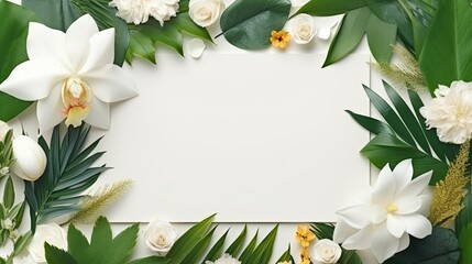 Tropical green leaves and beautiful flowers decorative of frame,artwork,banner and card. Generative Ai