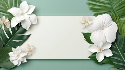 Tropical green leaves and beautiful flowers decorative of frame,artwork,banner and card. Generative Ai