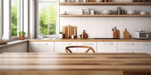 Kitchen room in Spacious Home. Wooden tabletop in a modern interior