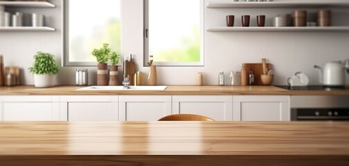 Fototapeta na wymiar Kitchen room in Spacious Home. Wooden tabletop in a modern interior
